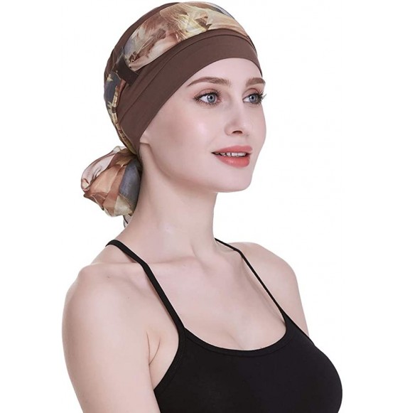 Headbands Elegant Chemo Cap With Silky Scarfs For Cancer Women Hair Loss Sleep Beanie - Brown - CX18LXZQ20K