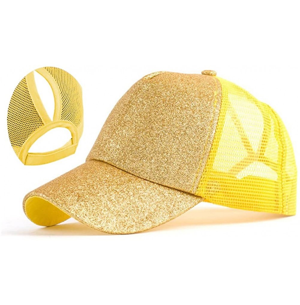 Skullies & Beanies Glitter Ponytail-Hats Trucker Baseball - Mesh Messy Bun Ponycap Women Sun Protection Adjustable - Yellow -...