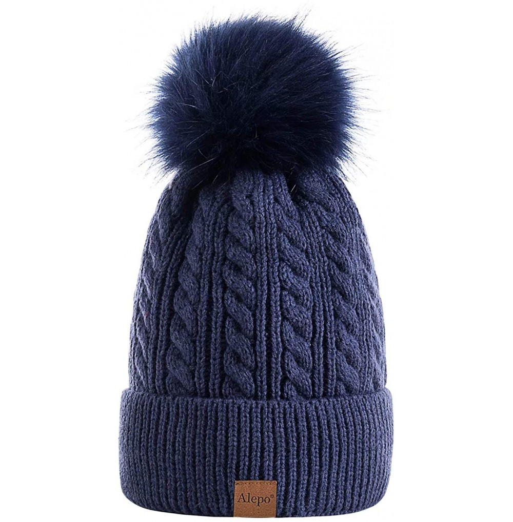 Skullies & Beanies Womens Winter Beanie Hat- Warm Fleece Lined Knitted Soft Ski Cuff Cap with Pom Pom - Denim - C218A2ES8TQ