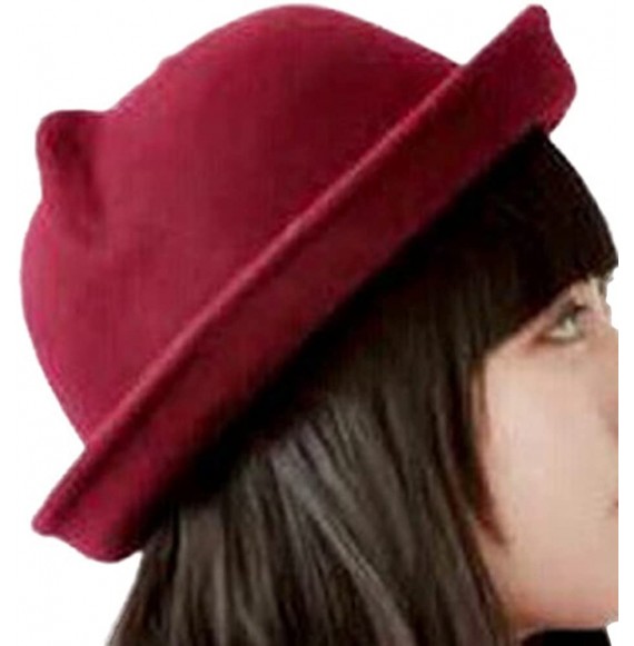 Fedoras Women's Candy Color Wool Rool Up Bowler Derby Cap Cat Ear Hat - Wine - CE11NVBQW0J