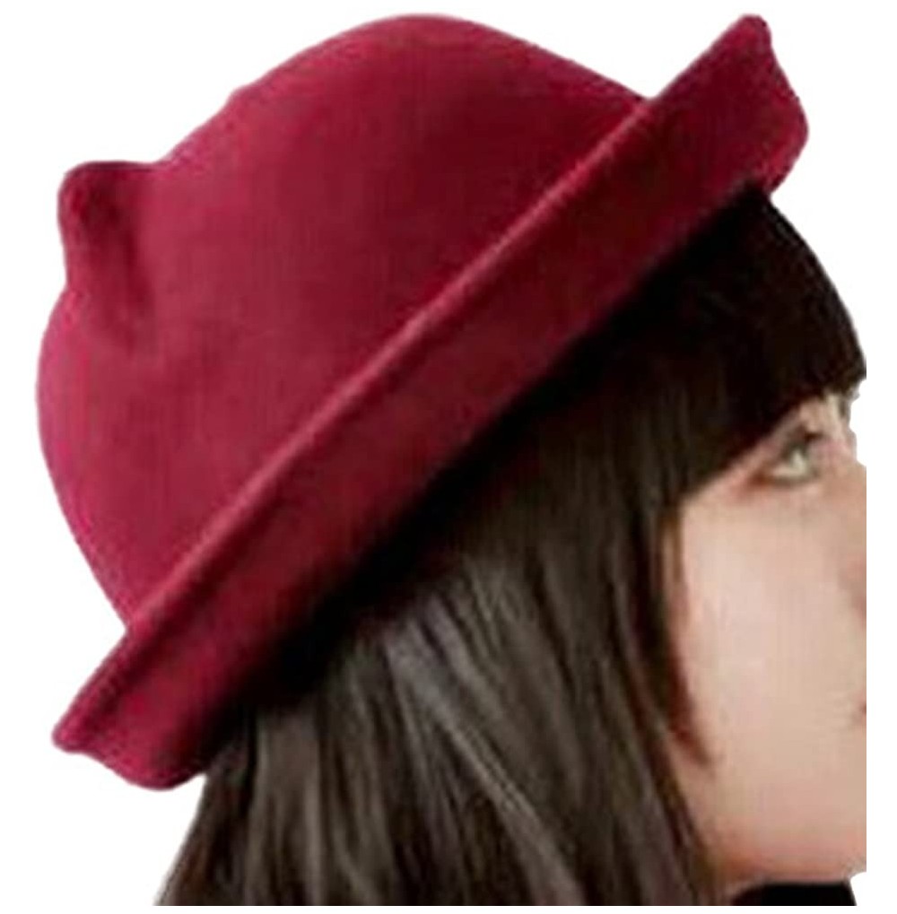 Fedoras Women's Candy Color Wool Rool Up Bowler Derby Cap Cat Ear Hat - Wine - CE11NVBQW0J