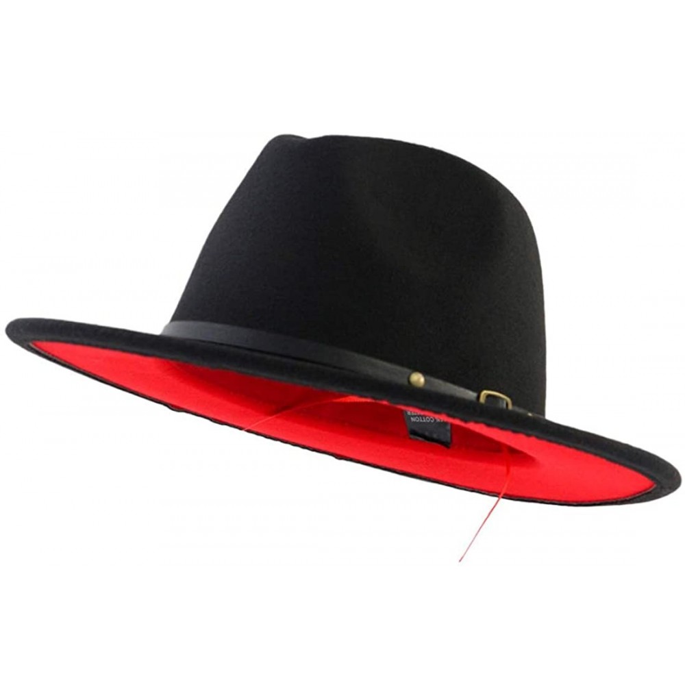 Fedoras Trend Red Black Patchwork Wool Felt Jazz Fedora Hat Casual Men Women Leather Strap Wide Brim Felt Hat Trilby - CT193T...