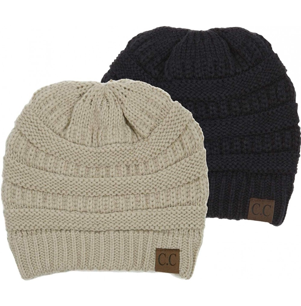 Skullies & Beanies Solid Ribbed Beanie Slouchy Soft Stretch Cable Knit Warm Skull Cap - 2 Pack - Black & Beige - CK18HY7G8TX