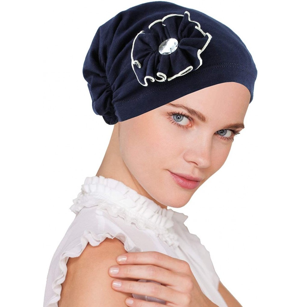 Skullies & Beanies Josie Turban Chemo Cancer Hat Scarf with Rhinestone Flower - 08 - Cotton Navy Blue With Ivory Trim - CR18Q...