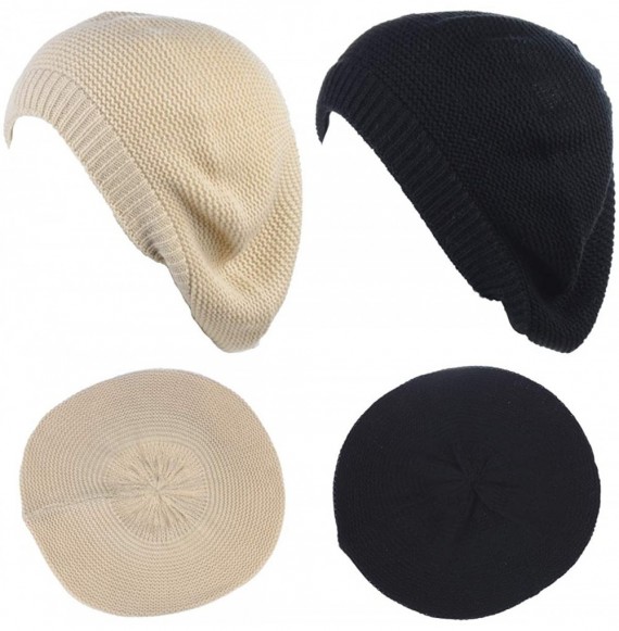 Berets JTL Beret Beanie Hat for Women Fashion Light Weight Knit Solid Color - 2pcs-pack Cream and Black - CN18QGGNRGW