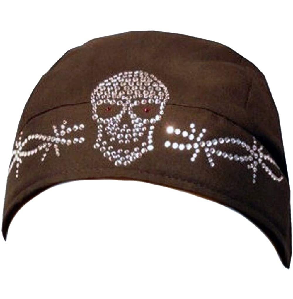 Skullies & Beanies Rhinestone Skull Cap - Biker Caps Skull w/Barbed Wire on Black Headwraps - C412ELHNA05