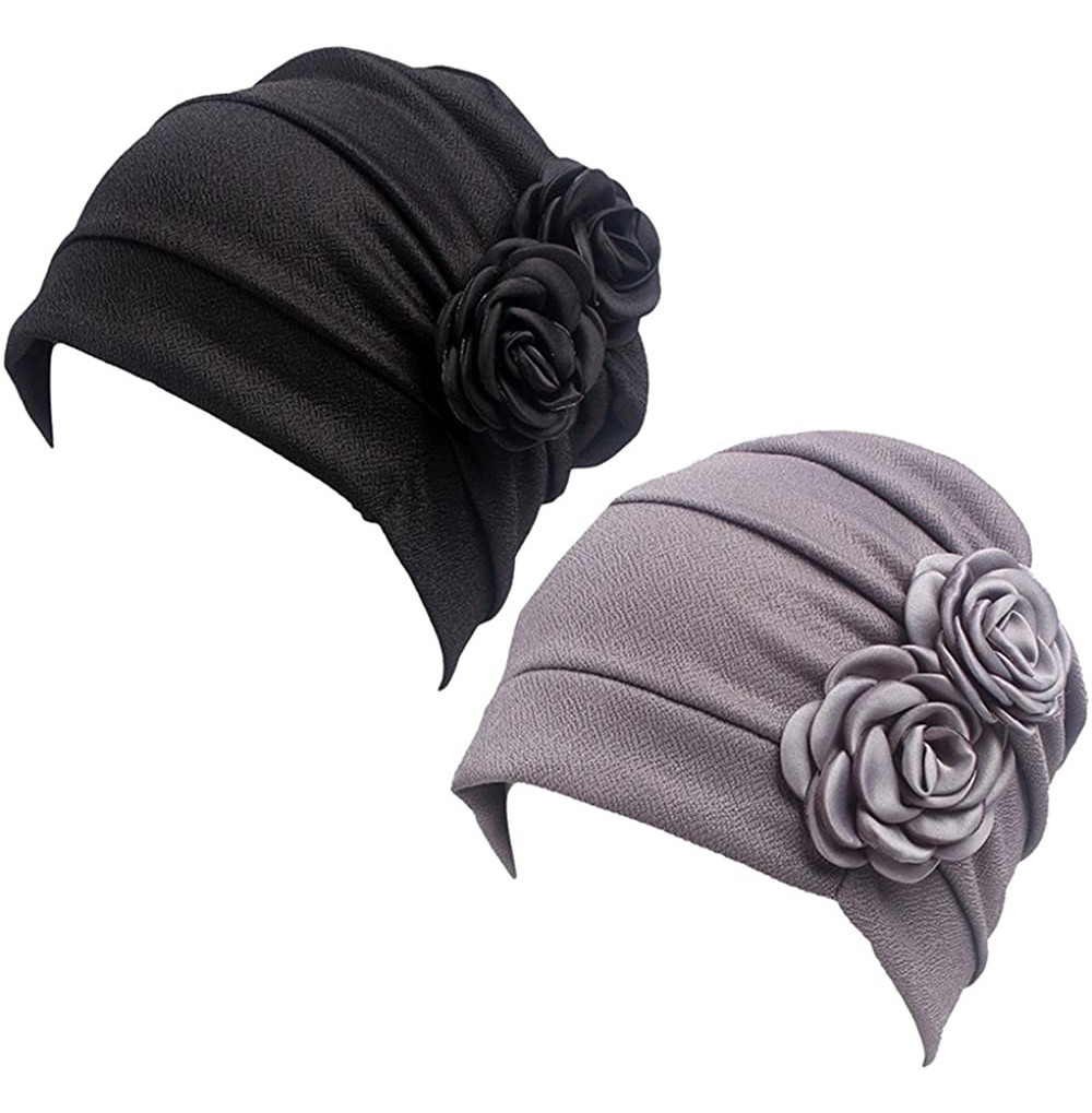 Skullies & Beanies Ruffle Chemo Turban Headband Scarf Beanie Cap Hat for Cancer Patient - Black+gray - CJ186K07ZYY