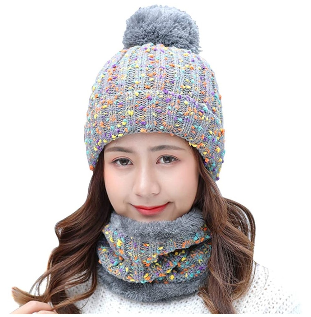 Skullies & Beanies Womens Winter Knit Beanie Hat Scarf Set Windproof Warm Fleece Lined Cap Girls Ski Hat with Pompom - Grey -...