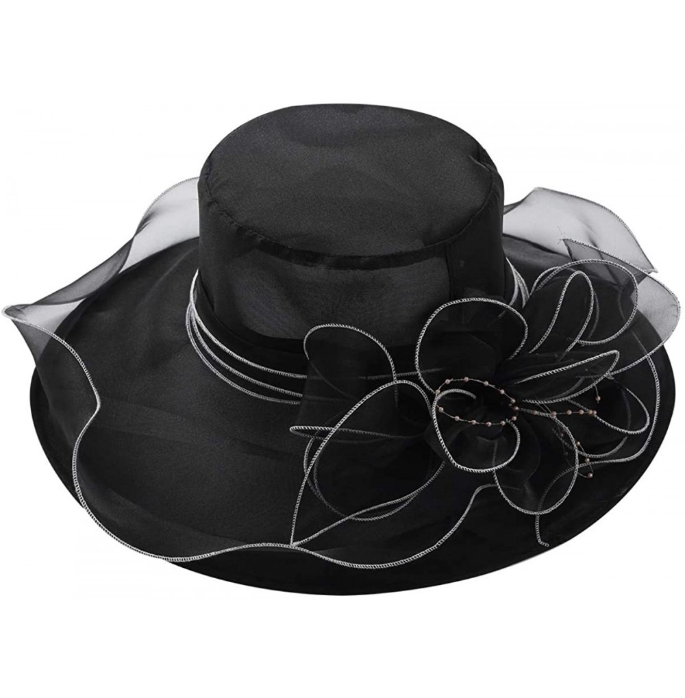 Sun Hats Women Organza Wide Brim Sun Hat with Large Flower Church Party Wedding Cap - Black B - CH18RQ78W4U