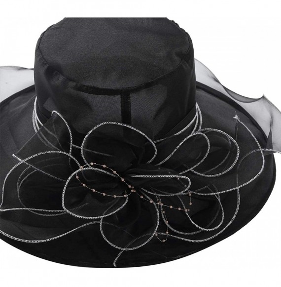 Sun Hats Women Organza Wide Brim Sun Hat with Large Flower Church Party Wedding Cap - Black B - CH18RQ78W4U