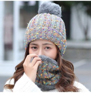 Skullies & Beanies Womens Winter Knit Beanie Hat Scarf Set Windproof Warm Fleece Lined Cap Girls Ski Hat with Pompom - Grey -...