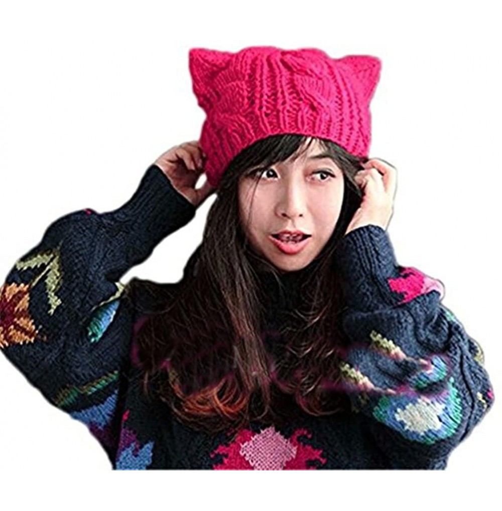 Skullies & Beanies Handmade Knitted Pussy Cat Ear Beanie Hat for Women's March Winter Warm Cap - Rose Red - CO189H443SK