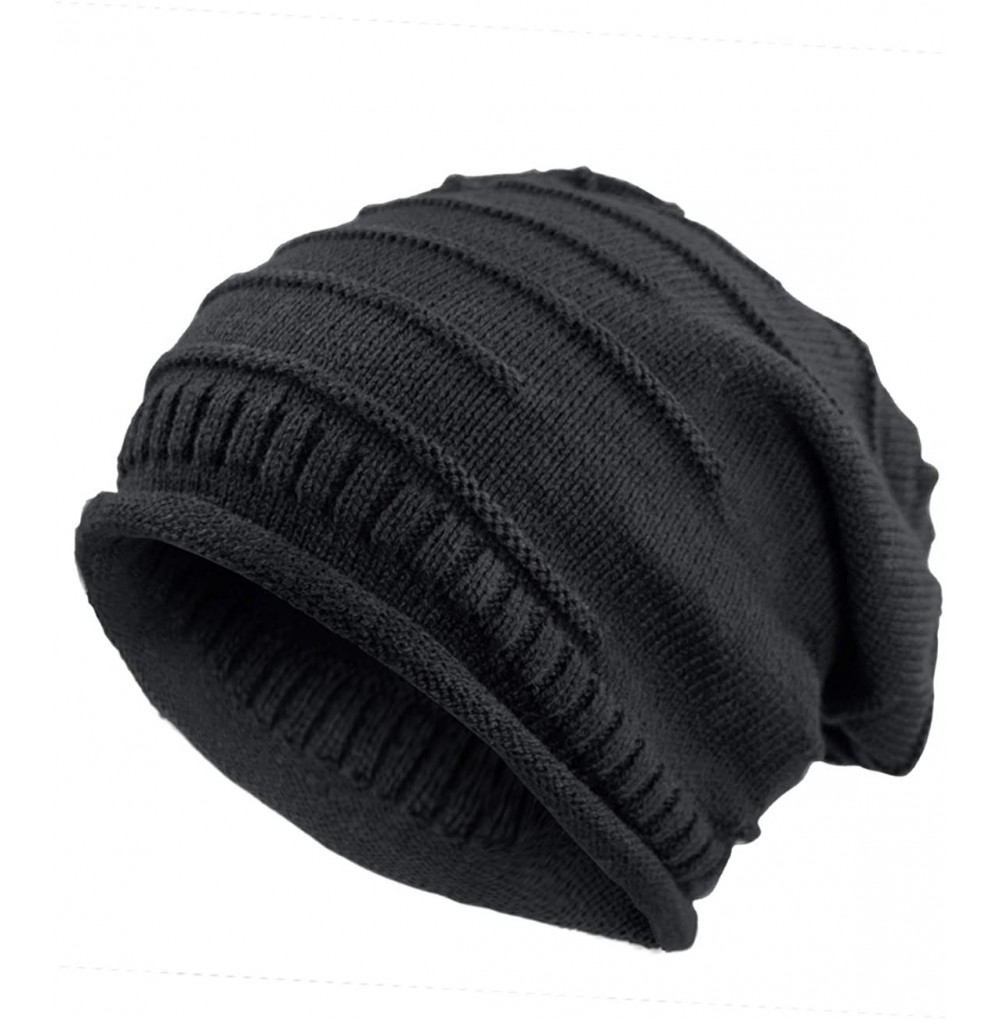 Skullies & Beanies Men's Cable Knit/Slouchy Style/Dual-Layer Beanie- Soft & Warm Hat - Slouch - Black - CS110UFFGZV