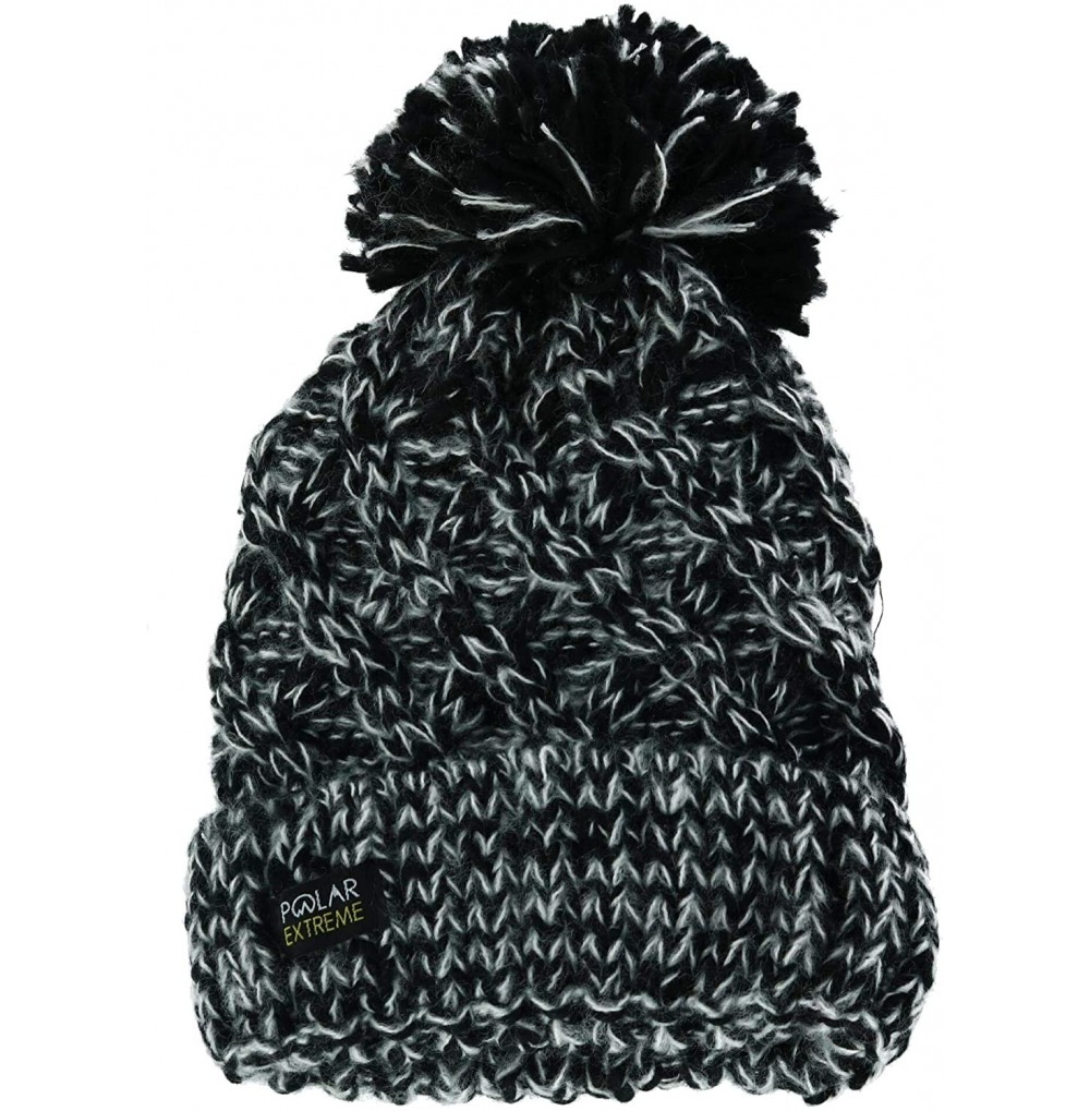 Skullies & Beanies Women's Marled Knit Cable Cuff Cap with Pom - Black - CJ18A9GS8LH