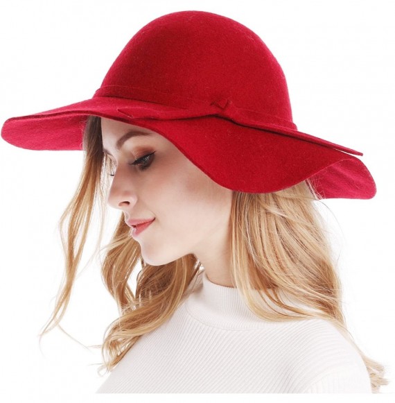 Sun Hats Women's Wide Brim Wool Ribbon Band Floppy Hat - Red - CA11N7Q03YT