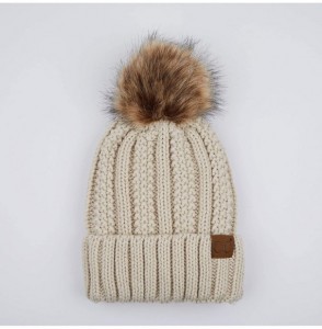 Skullies & Beanies Exclusives Fuzzy Lined Knit Fur Pom Beanie Hat (YJ-820) - Beige - CG18I6QD4KH