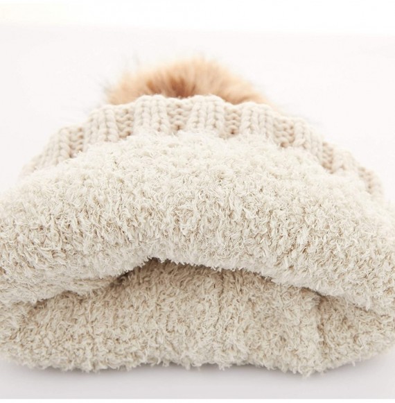 Skullies & Beanies Exclusives Fuzzy Lined Knit Fur Pom Beanie Hat (YJ-820) - Beige - CG18I6QD4KH