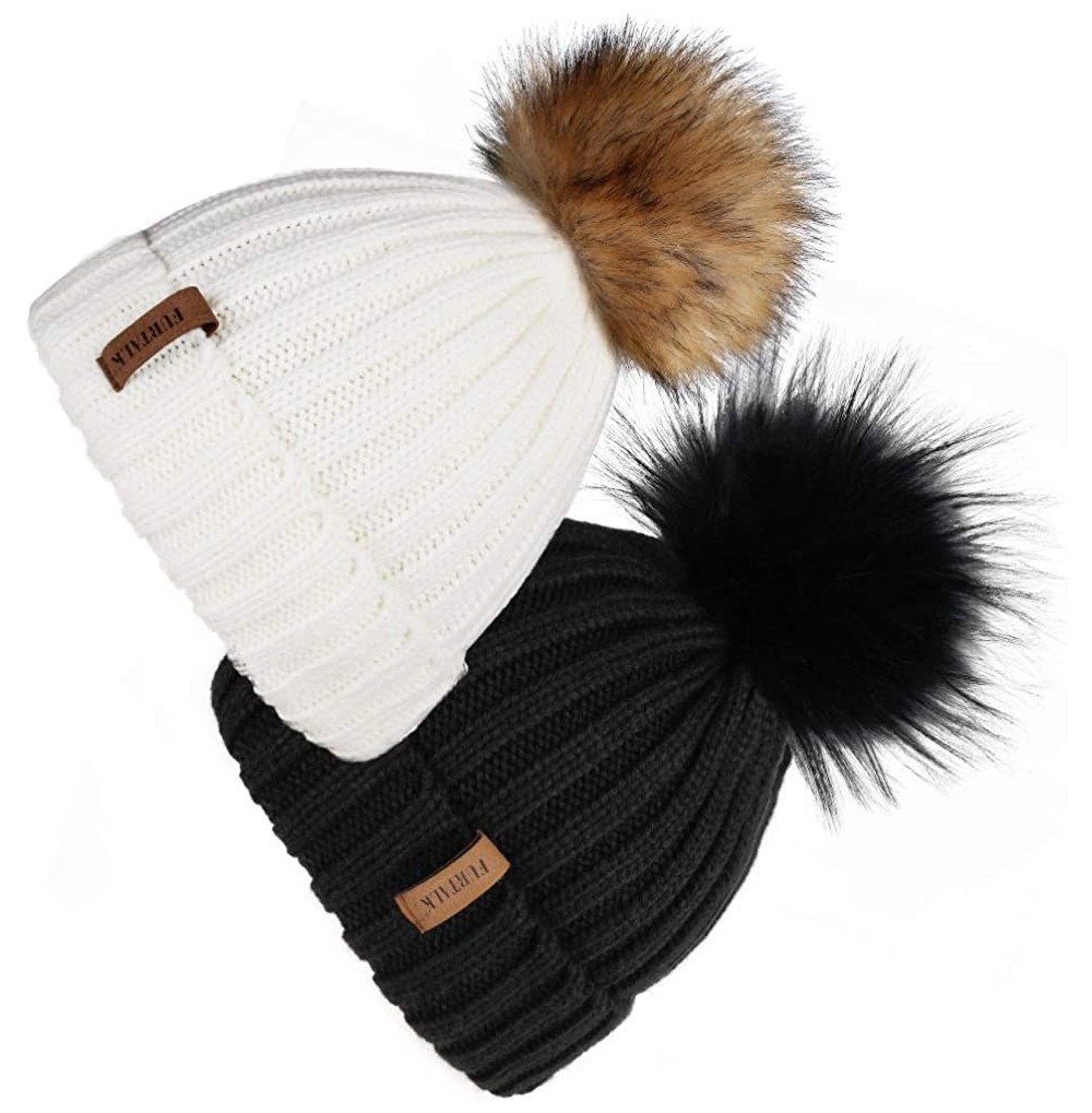 Skullies & Beanies Womens Winter Knitted Beanie Hat with Faux Fur Pom 2 Packs Warm Knit Skull Cap Beanie for Women - CH18UZZMUU6