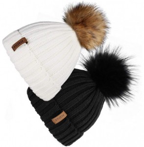 Skullies & Beanies Womens Winter Knitted Beanie Hat with Faux Fur Pom 2 Packs Warm Knit Skull Cap Beanie for Women - CH18UZZMUU6