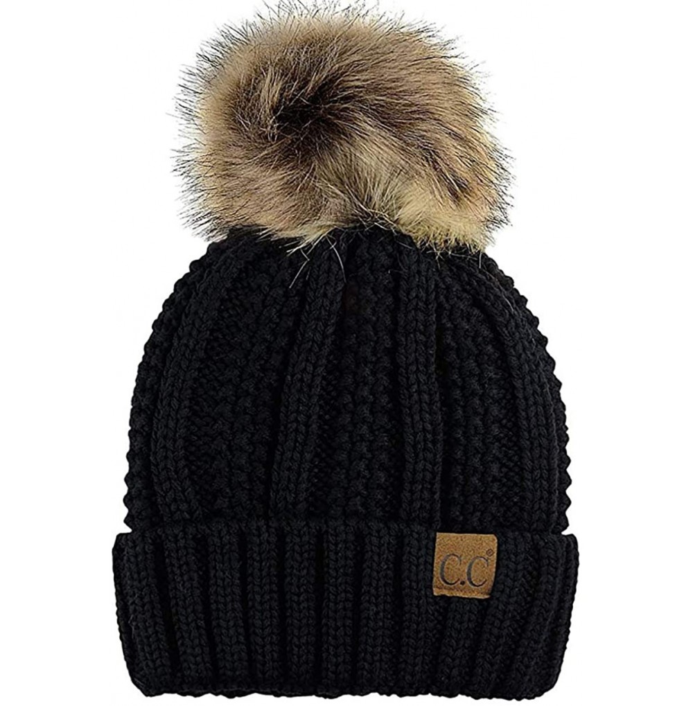 Skullies & Beanies Quality Women's Faux Fur Pom Fuzzy Fleece Lined Slouchy Skull Thick Cable Beanie hat - Black - C8187USSEDH