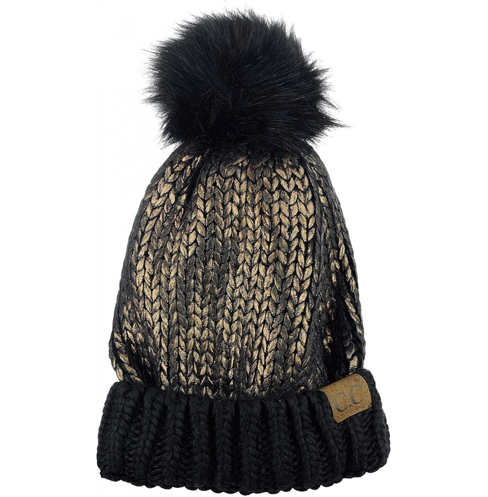 Skullies & Beanies Women's Faux Fur Pom Shiny Metallic Finished Knit Beanie Hat - Black/Gun - CS18IQGLADH