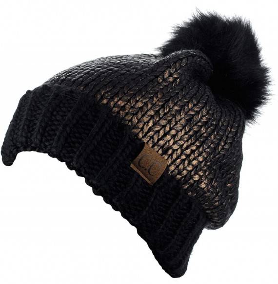 Skullies & Beanies Women's Faux Fur Pom Shiny Metallic Finished Knit Beanie Hat - Black/Gun - CS18IQGLADH