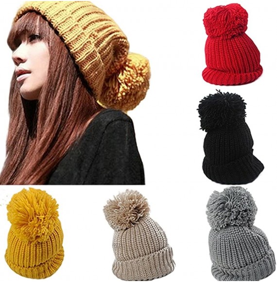 Skullies & Beanies Warm Cuffed Baggy Winter Beanie Knit Crochet Ski Women Lady Hat Cap - Yellow - CO11OOKS6PZ