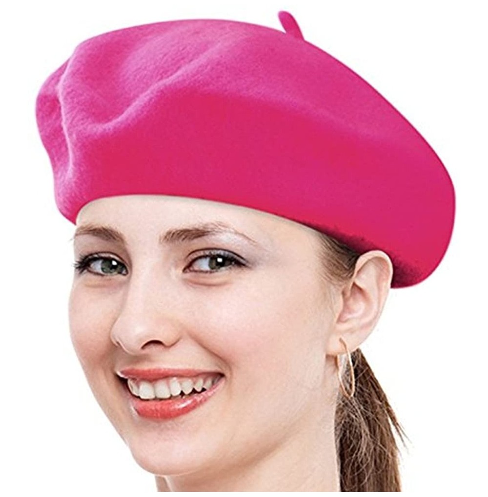 Berets Women Ladies Solid Painters Color Classic French Fashion Wool Bowler Beret Hat - Rose Red - CH12NS33IXE