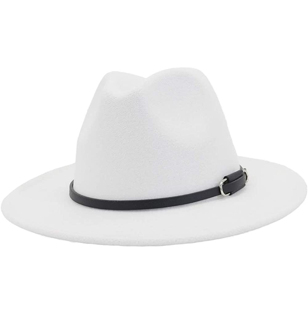Fedoras Men Women Ethnic Felt Fedora Hat Wide Brim Panama Hats with Band - White Belt - C9199U2W6T0