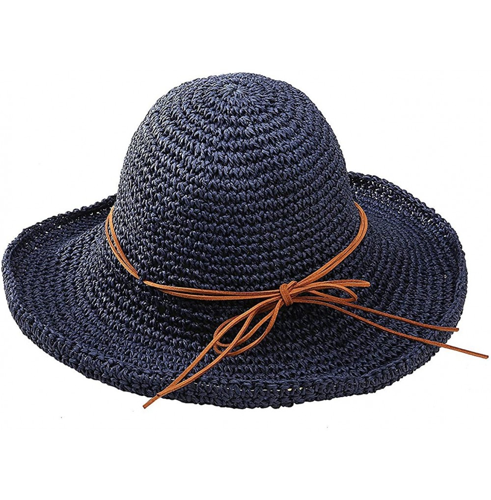 Sun Hats Women's Wide Brim Caps Foldable Fashion Summer Beach Sun Straw Hats - Navy - CL12IDG2I1X