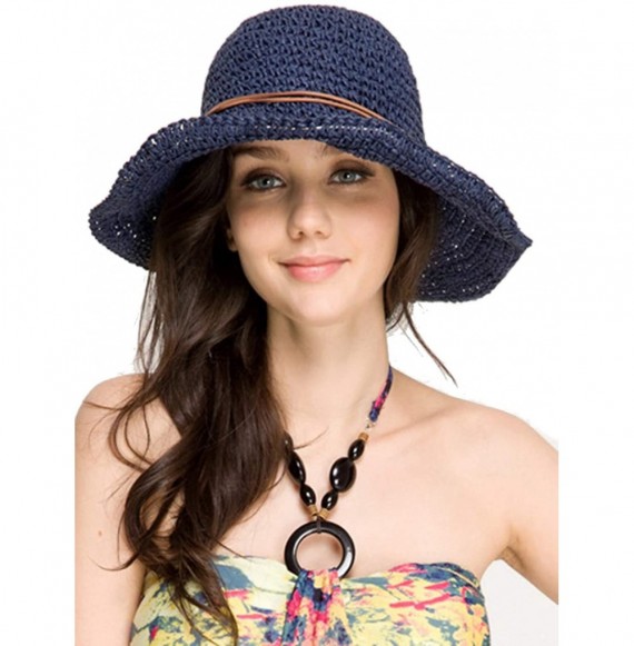 Sun Hats Women's Wide Brim Caps Foldable Fashion Summer Beach Sun Straw Hats - Navy - CL12IDG2I1X