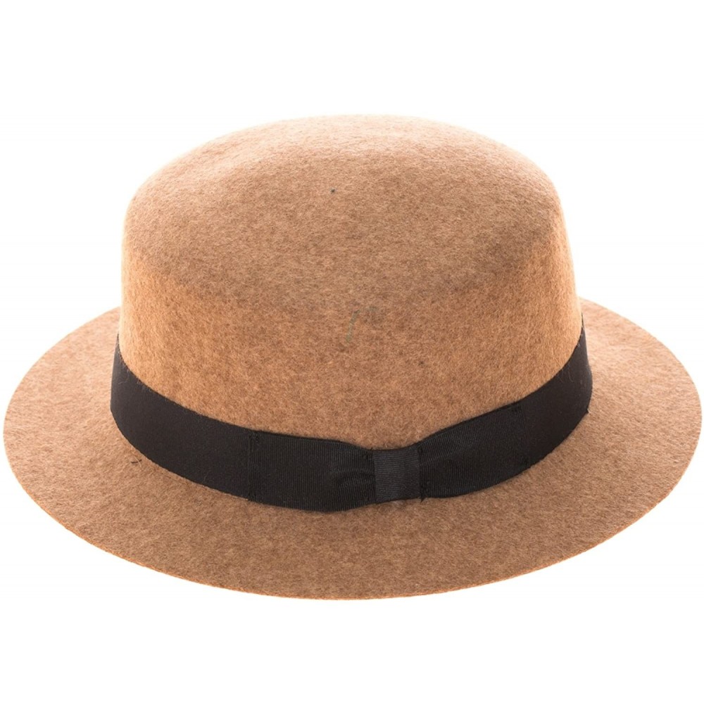 Bucket Hats Vintage Style Wool Felt Boater Hat- Flat Top Pork Pie Cap with Grosgrain Hat Band - Camel - CJ1805QWKOD
