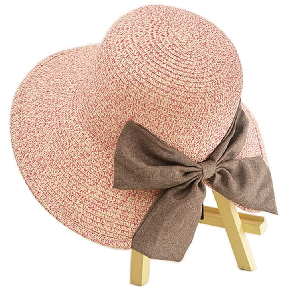 Sun Hats Women Elegant Bowknot Floppy Beach Straw Hats Wide Brim Packable Sun Cap - Bowknot Rose Red - CY18EZNDH2A