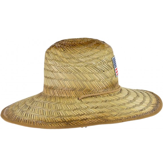 Sun Hats Large Outback Lifeguard Hat w/American Flag- Raffia Straw Sun Hat with Chin Strap - Natural & Tan - CJ18TK03UCK