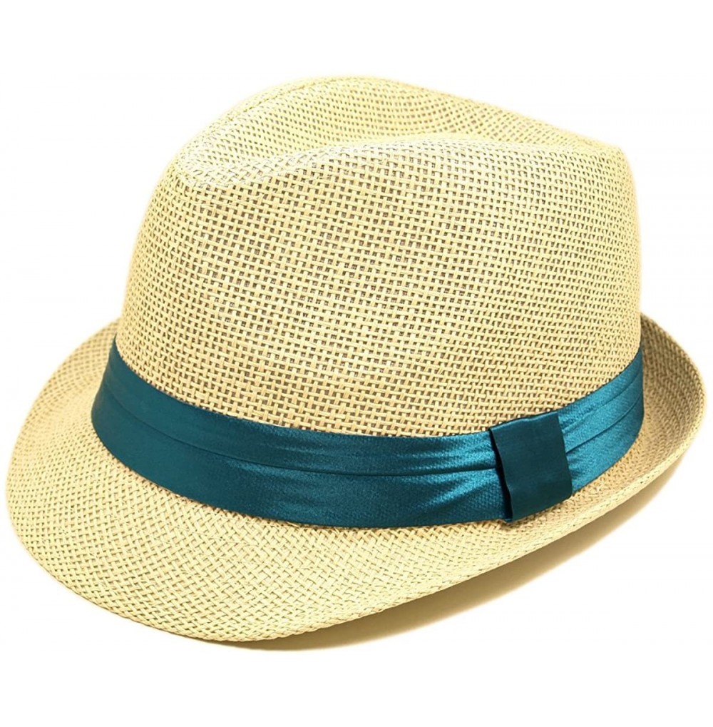 Fedoras Classic Natural Fedora Straw Hat Band Available - Teal Band - CT11OGDH4PD