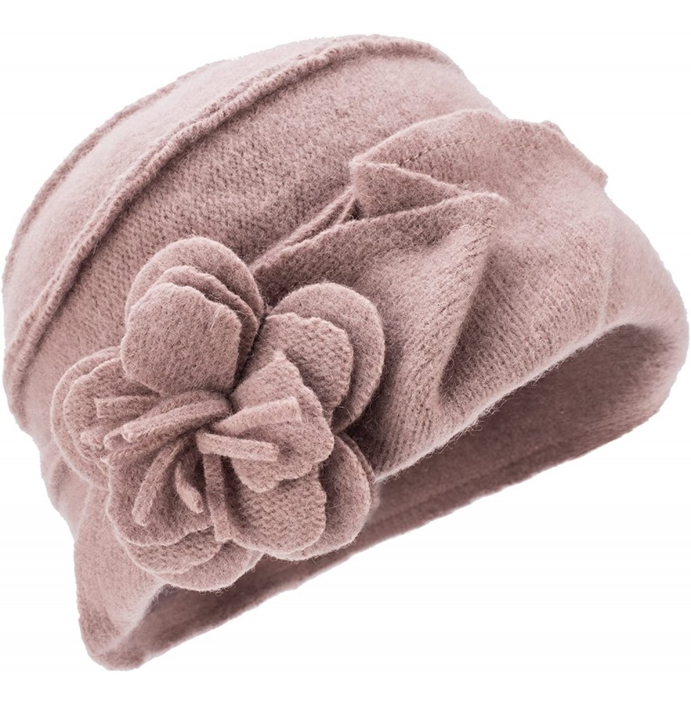 Berets Solid Color 1920s Womens 100% Wool Flower Winter Bucket Cap Beret Hat A376 - Khaki - CA12N26KAG3
