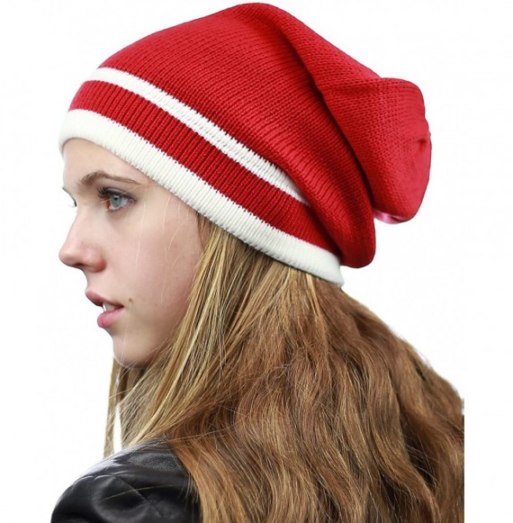 Skullies & Beanies Trendy Baggy Slouchy & Comfort Knitted Daily Beanie Hat w/Stripe - Red/Ivory - CN12HPYEB41