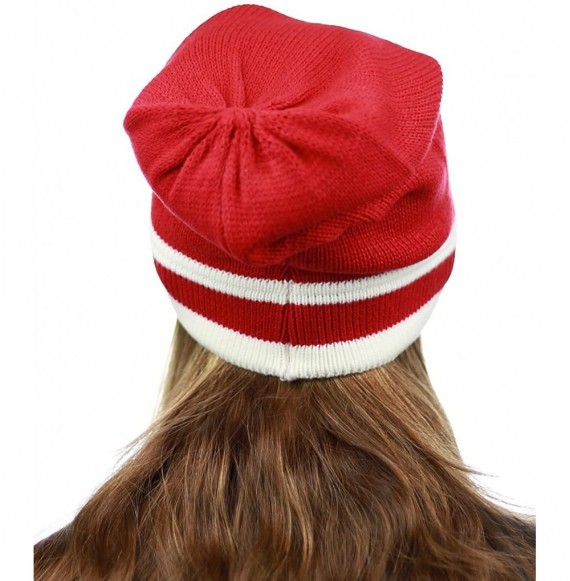 Skullies & Beanies Trendy Baggy Slouchy & Comfort Knitted Daily Beanie Hat w/Stripe - Red/Ivory - CN12HPYEB41