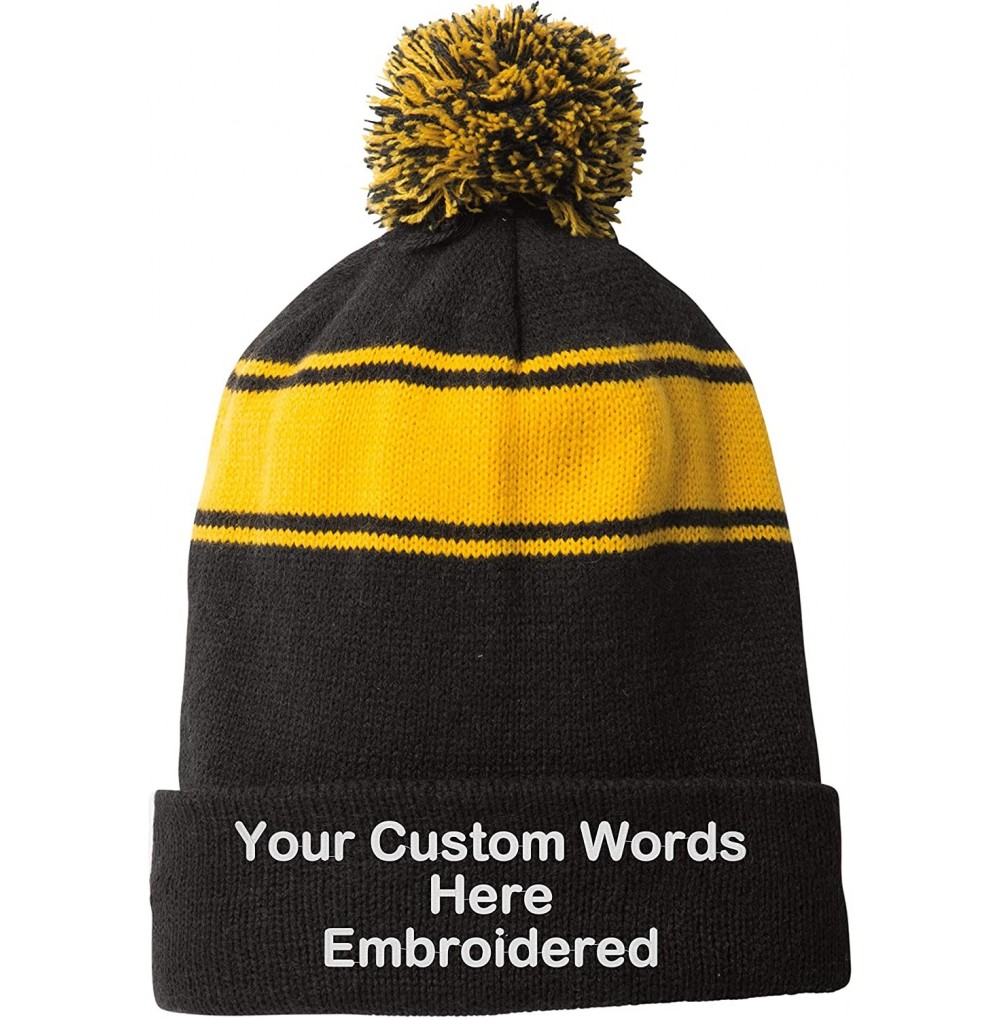 Skullies & Beanies Customize Your Beanie Personalized with Your Own Text Embroidered - Stripe Pom Pom Black/Gold - CY18LDU8AQS