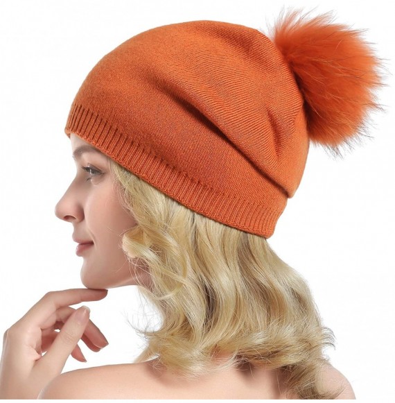 Skullies & Beanies Women Knit Wool Beanie - Winter Solid Cashmere Ski Hats Real Raccoon Fur Pom Pom - 21- Black/Orange 2pcs -...