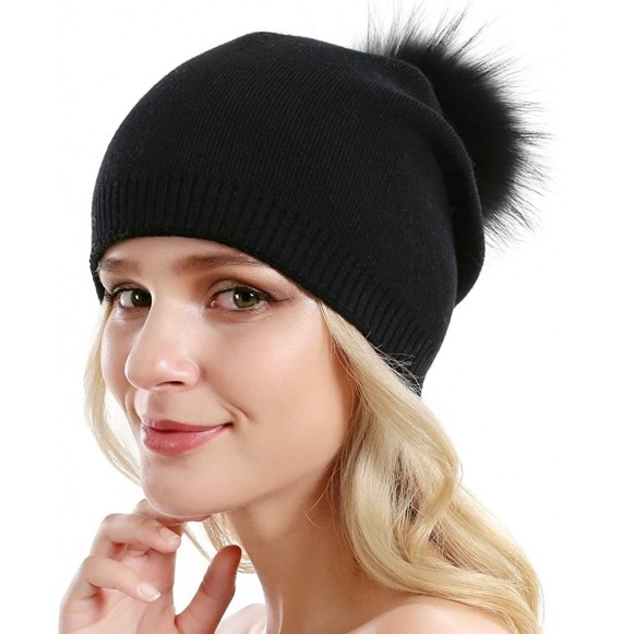 Skullies & Beanies Women Knit Wool Beanie - Winter Solid Cashmere Ski Hats Real Raccoon Fur Pom Pom - 21- Black/Orange 2pcs -...