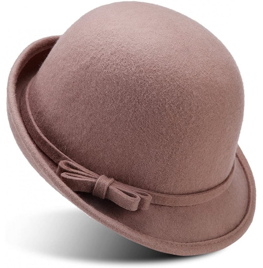 Fedoras Women's 100% Wool Felt Round Top Cloche Hat Fedoras Trilby with Bow Band - Camel 1 - CW12O7LVK3I