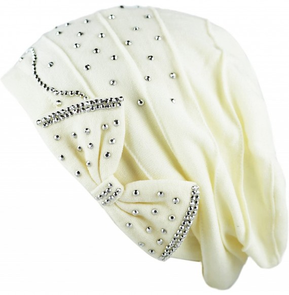 Skullies & Beanies Women's Handmade Warm Baggy Fleece Lined Slouch Beanie Hat - 2. Ribbon2 - White - C718ZN5LUOG