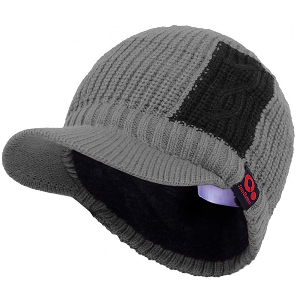 Visors Sports Winter Two Tone Visor Beanie with Bill Knit Hat with Brim Fleece Lined Ski Cap - Grey - CV1895Q4K9L