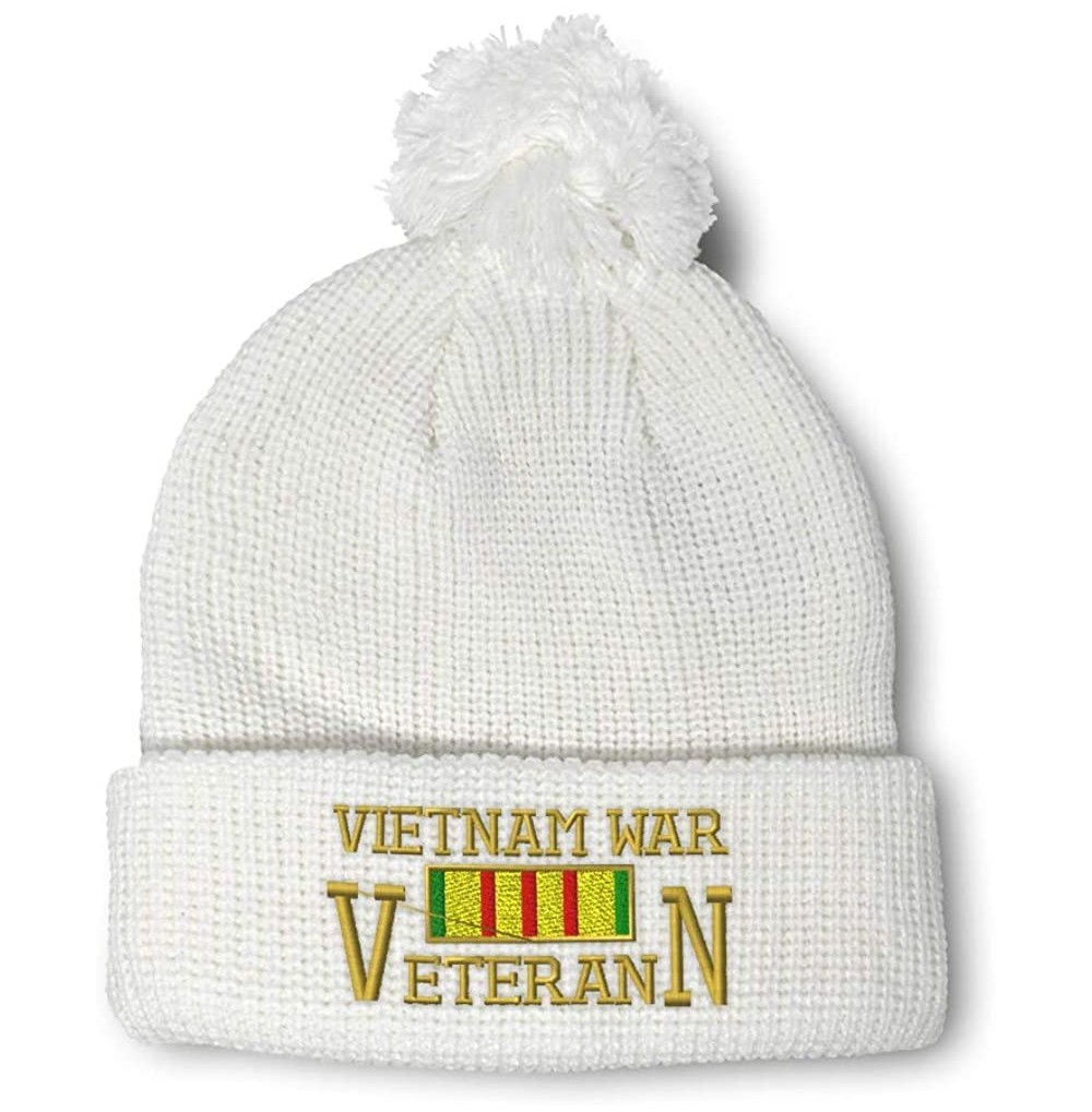 Skullies & Beanies Winter Pom Pom Beanie Men & Women Vietnam Veteran War A Embroidery Skull Cap Hat - White - CV18A0E7SZR