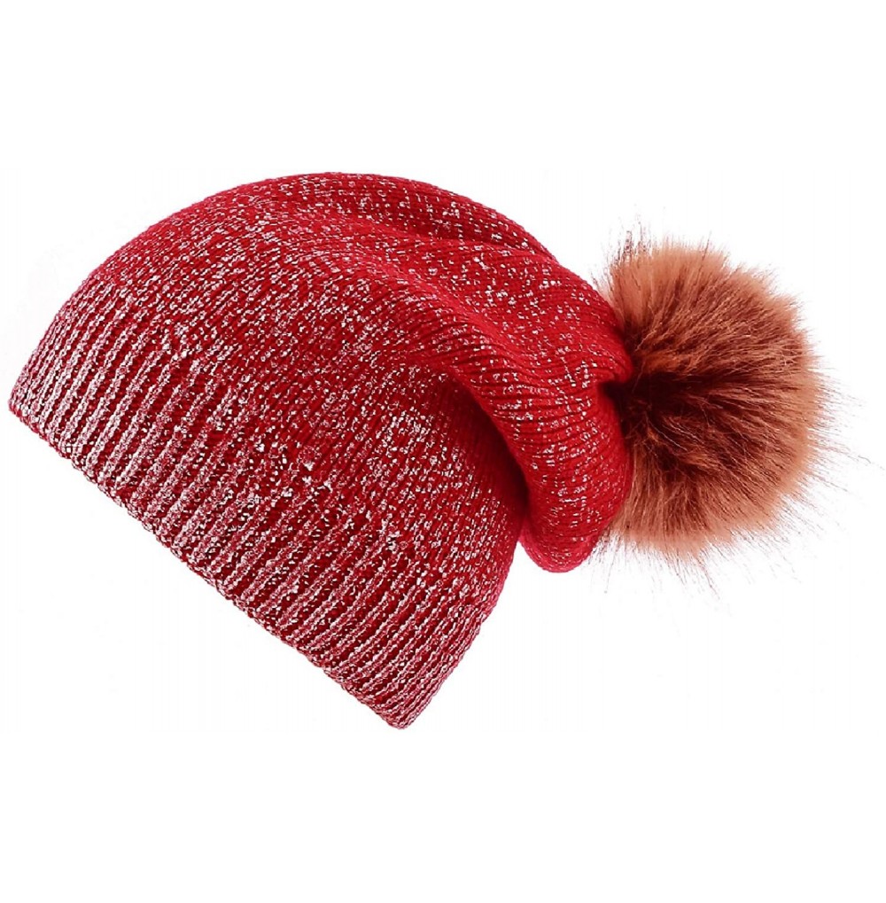Skullies & Beanies Women Winter Warm Knit Thick Skull Hat Cap Pom Pom Shiny Slouchy Beanie Hats - Beanie Purplish Red-sliver ...