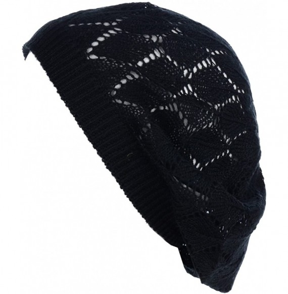 Berets Chic Parisian Style Soft Lightweight Crochet Cutout Knit Beret Beanie Hat - 2-pack Leafy Beige & Black - C918ND07KYS