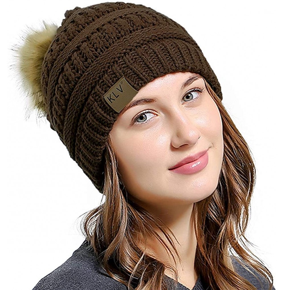 Skullies & Beanies Thick Warm Winter Beanie Hat Soft Stretch Slouchy Skully Knit Cap for Women - Pom-brown - C818HTU0558