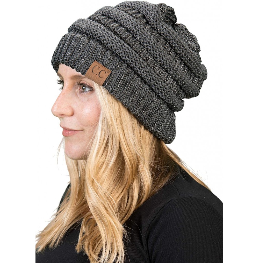 Skullies & Beanies Solid Ribbed Beanie Slouchy Soft Stretch Cable Knit Warm Skull Cap - Charcoal - Metallic - CE183M6ZWK2