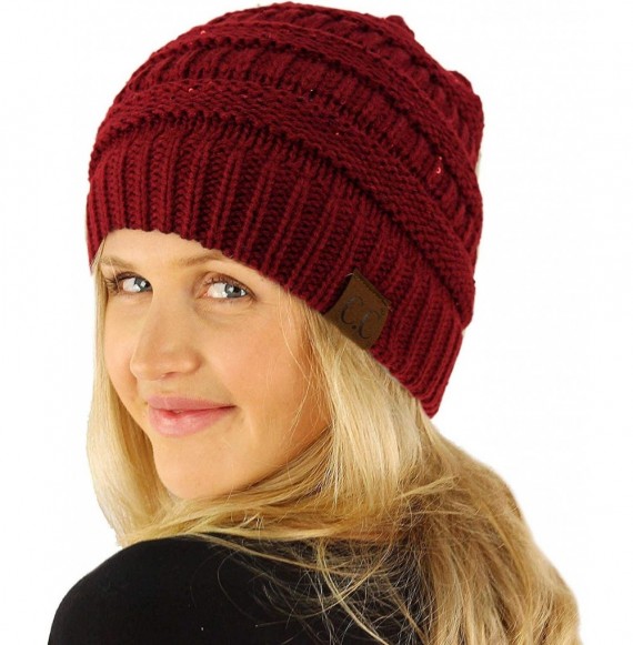Skullies & Beanies Winter Trendy Soft Cable Knit Stretchy Warm Ribbed Beanie Skully Ski Hat Cap - Sequins Burgundy - CO18HAAGC47